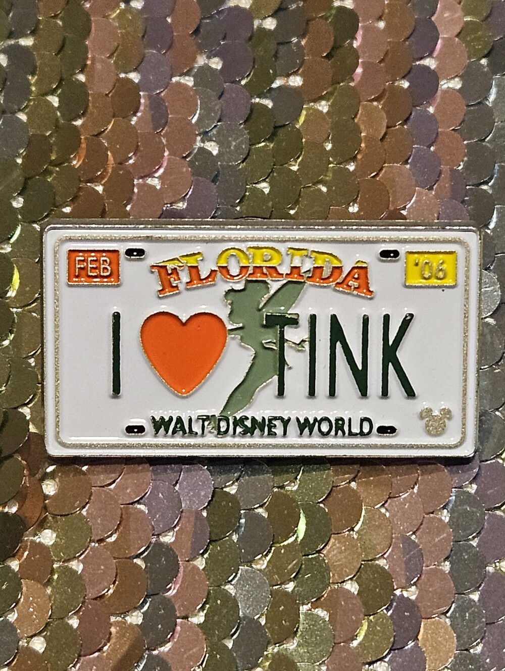 Walt Disney World Pin ' I ♥️ Tink' Tinkerbell Florida License Plate Feb. '06
